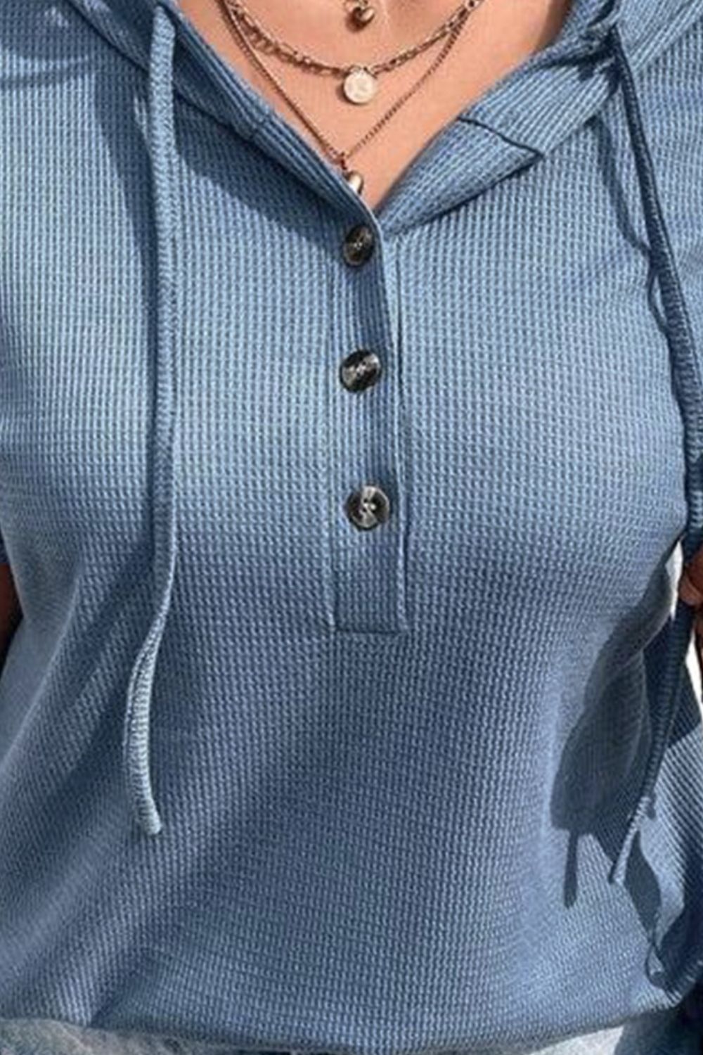 Plus size waffle-knit hoodie, half button short sleeve hoodie in blue with drawstring an