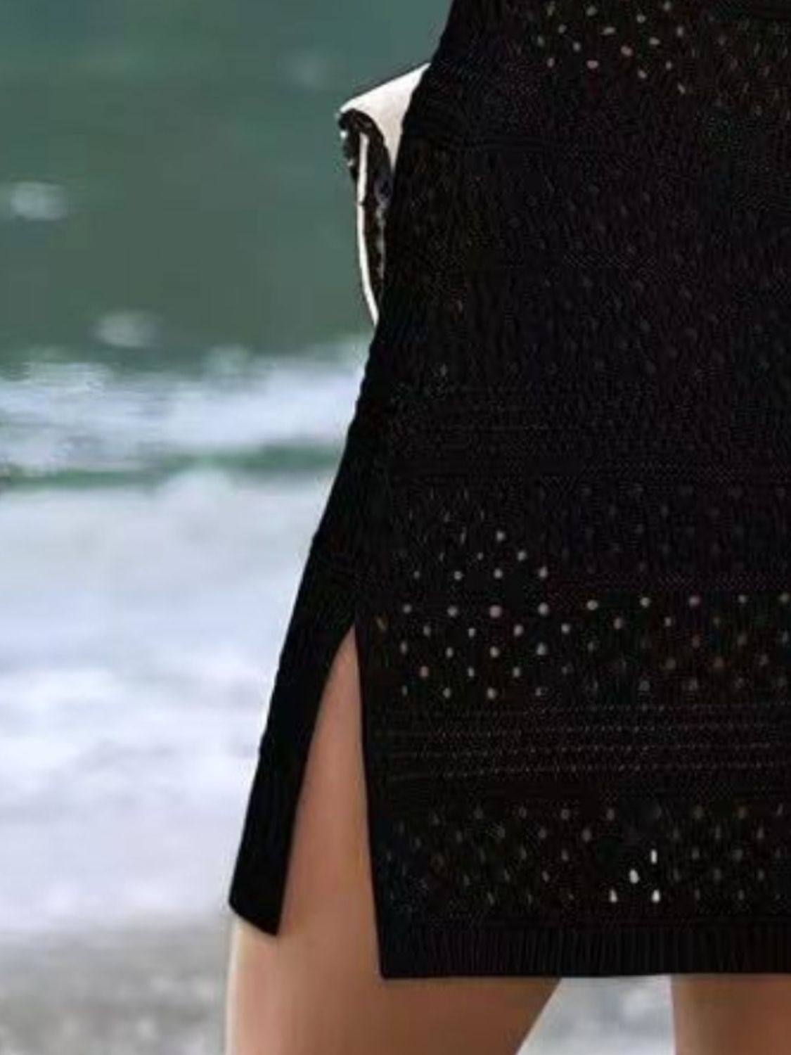 Swimsuit Cover Up - Openwork Scoop Neck Beachwear with Sheer Detailing in Black