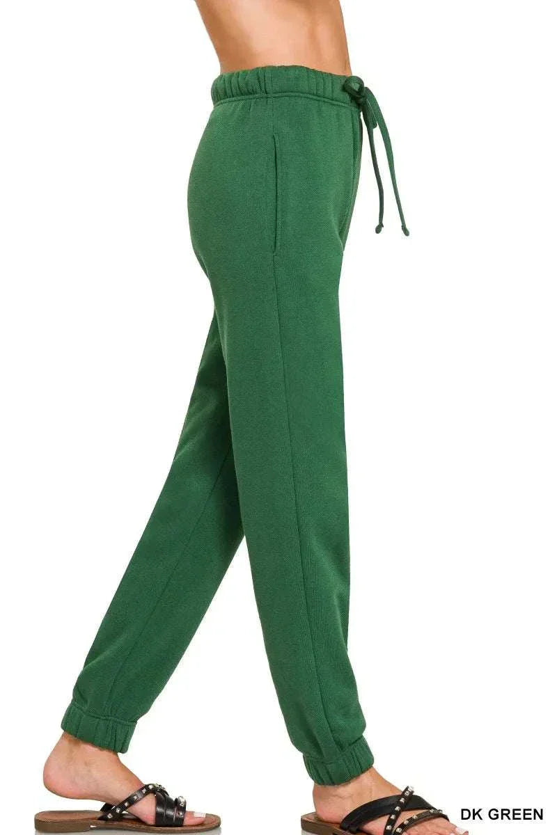 Dark green fleece joggers for women sweatpants with pockets and drawstring waistband