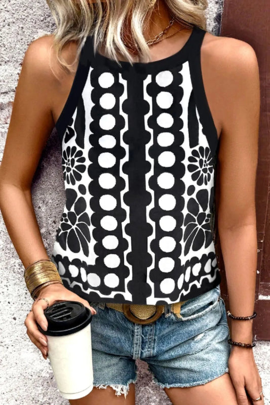 Black and white geometric print sleeveless tank top made of 100% polyester with a high neckline and no stretch, styled with denim shorts.