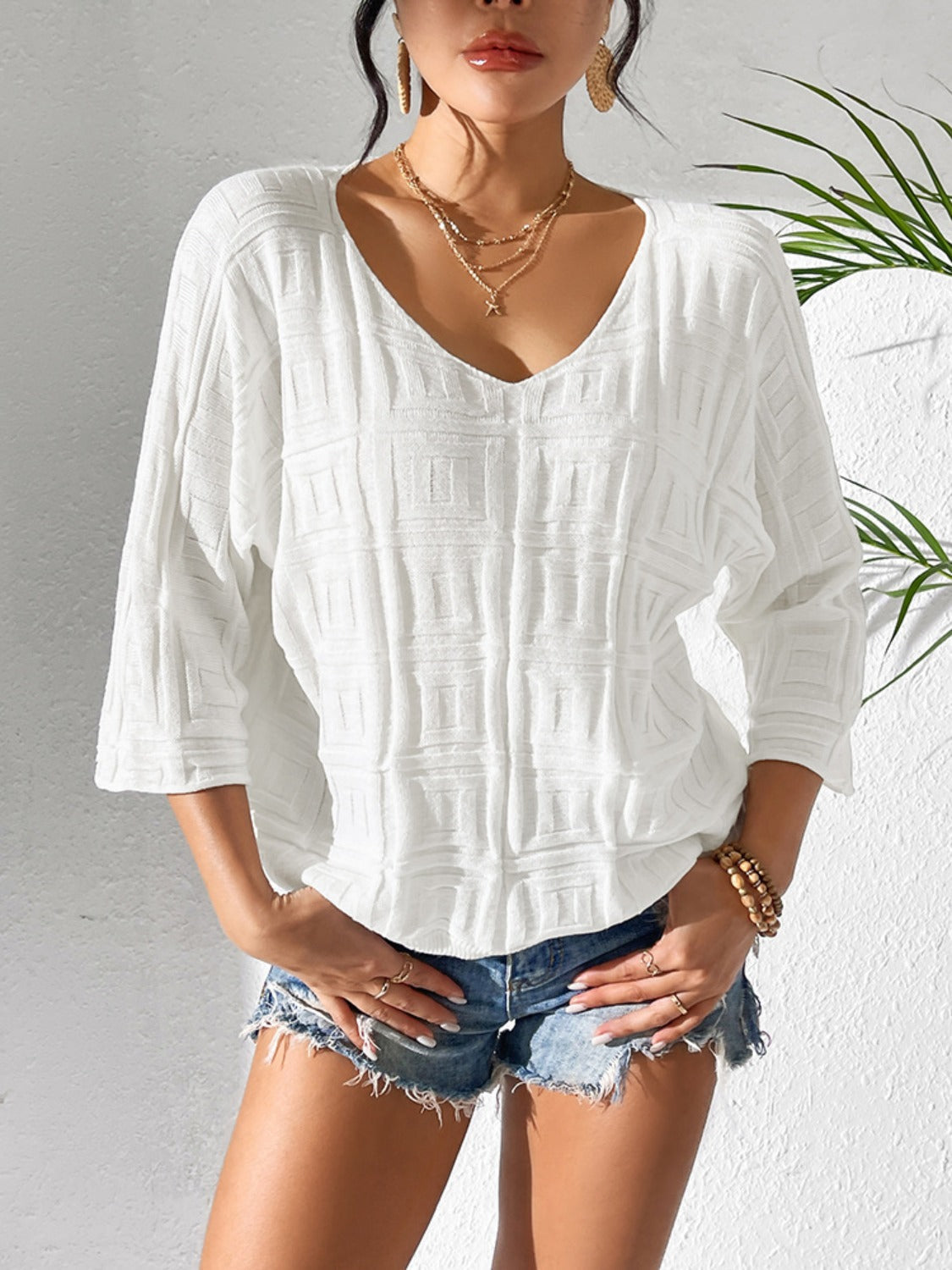 V Neck 3 4 sleeve top, white