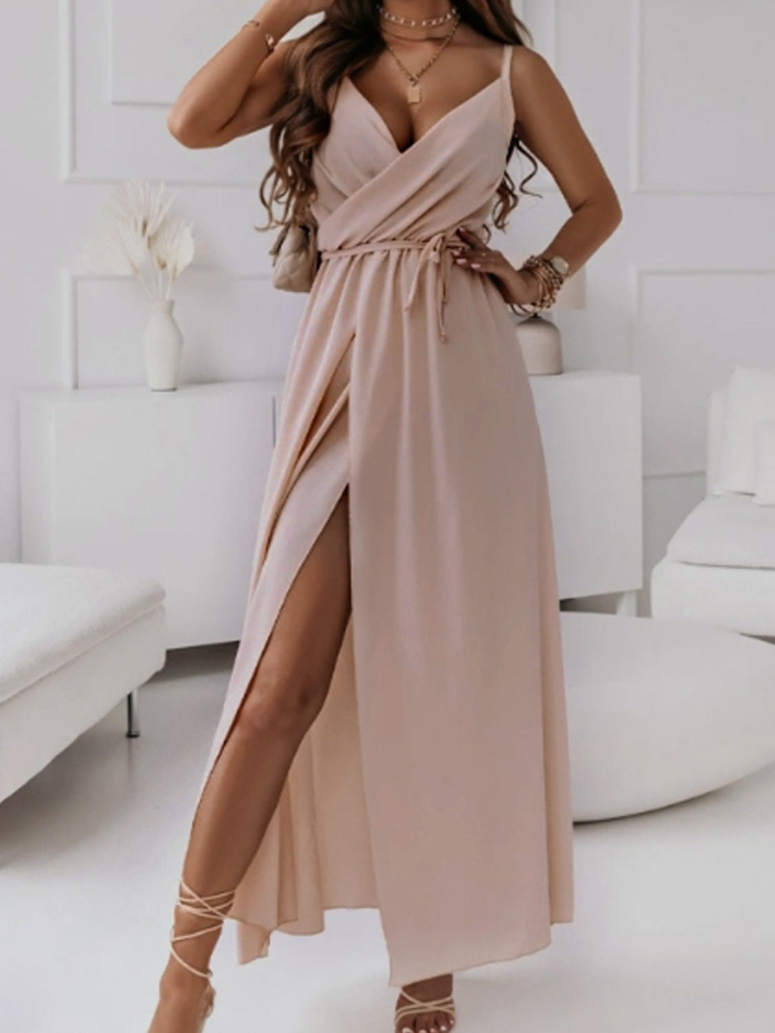 Tied surplice sleeveless midi cami dress with waist tie and front slit in soft pink