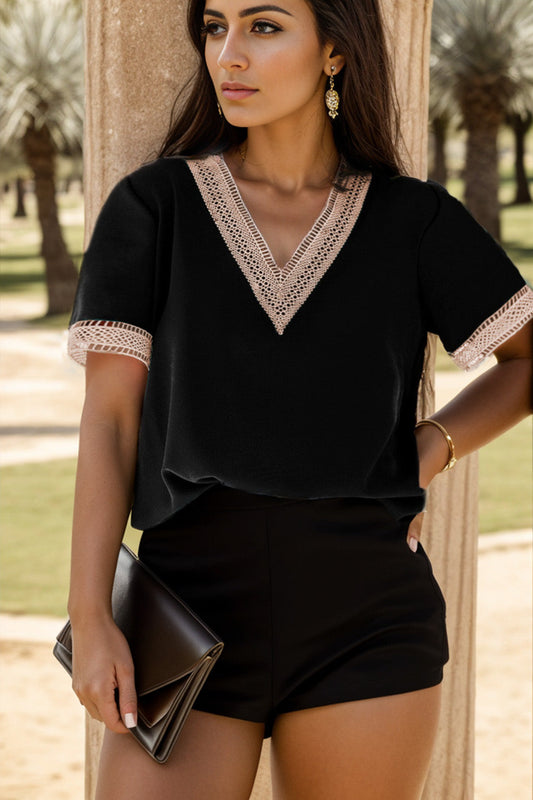 Plus size V-neck blouse with eyelet detailing and flounce sleeves in black