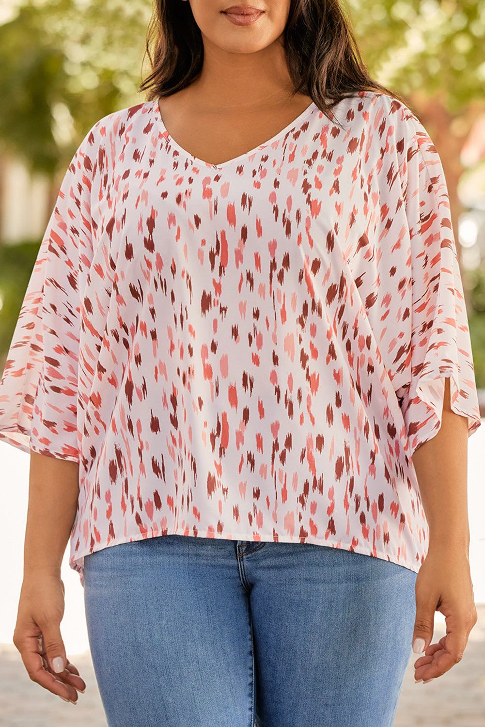 Plus size printed V-neck blouse with flounce sleeves and eyelet detailing in white and red pattern